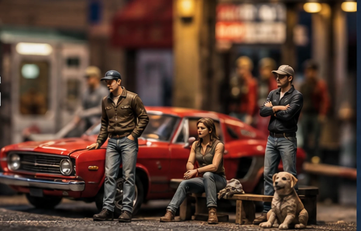 Illustrative concept scene with miniature pedestrians and a classic car